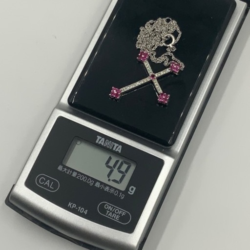 K18WG 18金　ホワイトゴールド　ダイヤモンド　クロスネックレス　ルビー　4.9g 約40cm