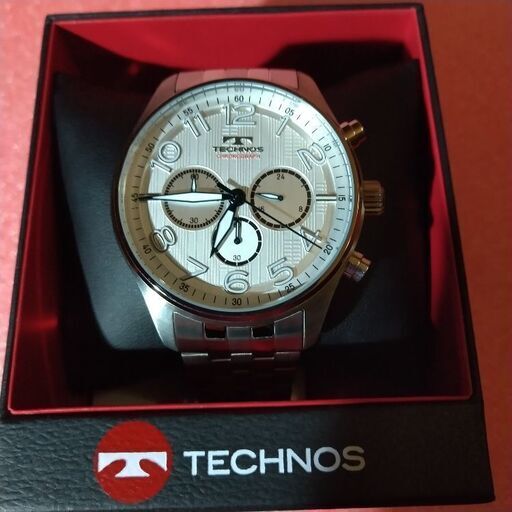 新品 TECHNOS オールステンレス ホワイト アナログ 多機能腕時計 クロノグラフ 5気圧防水 クオーツ メンズ