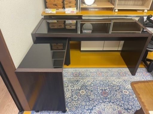 【リサイクルサービス八光】幅　ガラス天板　L字パソコンデスク　ダークブラウン