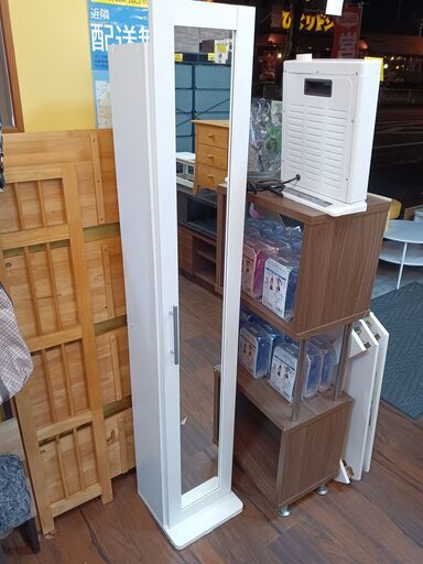収納付きスタンドミラー　シェルフ付き　棚　鏡　ホワイト　白　サイズ（約）幅29.5×奥29×高162　　■近隣配送無料 買取GO‼　栄和店