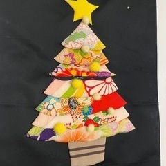 クリスマスタペストリー　着物帯　黒色　手作り　手縫いの画像