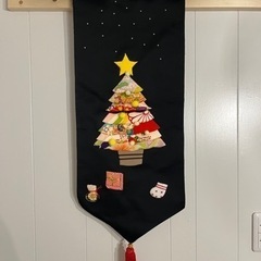 クリスマスタペストリー　着物帯　黒色　手作り　手縫い