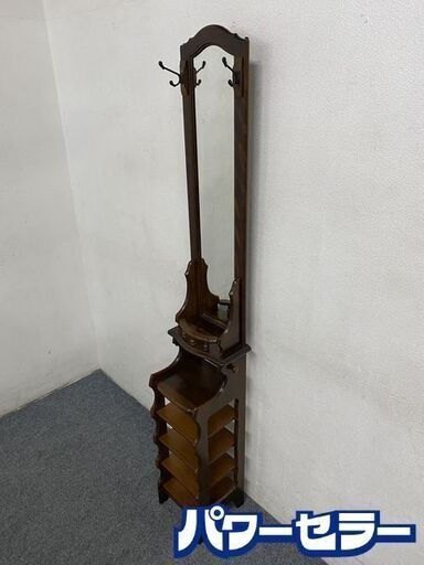 オールドカリモク/karimoku  鏡付き スリッパラック 下駄箱 姿見 等身鏡 ヴィンテージ レトロ 中古家具 店頭引取歓迎 R7986