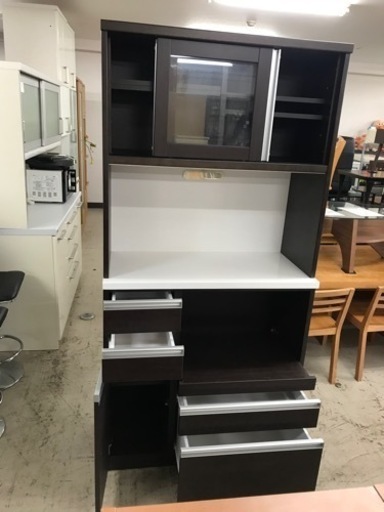 ロ2402-544 キッチンボード ダークブラウン 幅89cm 上下2分割 キズ・汚れあり 中古