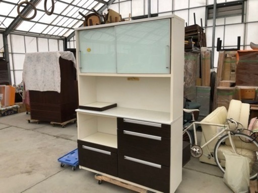 浅川木工 キッチンボード 食器棚 白×ダークブラウン 140cm×45cm×高さ195cm