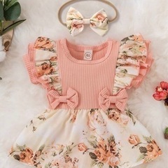 花柄ロンパース　リボンカチューシャ付き　サイズ68