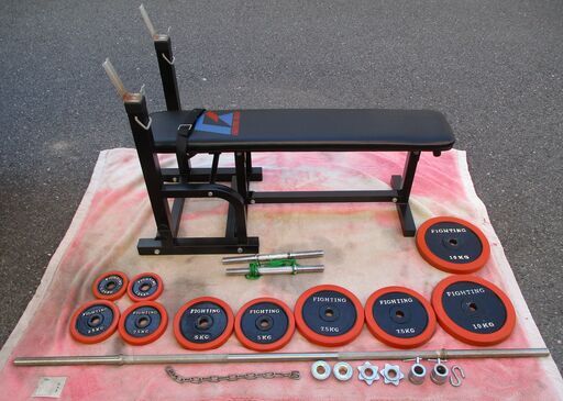 ☆ファイティングロード FIGHTINGROAD バーベルセット プレート52.5kg シャフトバー&ダンベルシャフト計3本ベンチ付き◆ジム代も浮いて自宅でトレーニング