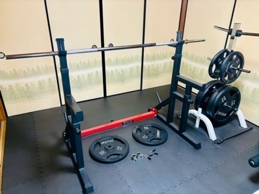 140kg【iROTEC バーベル&プレート】，【Grongベンチプレスラック】，【BODY DESIGNプレートラック】