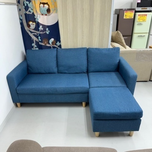 【超美品‼️】定価59,999円♪ WOCAOFAL 182cm幅2人掛けカウチソファ コンパクト3人掛け オットマン 布製ブルー♪
