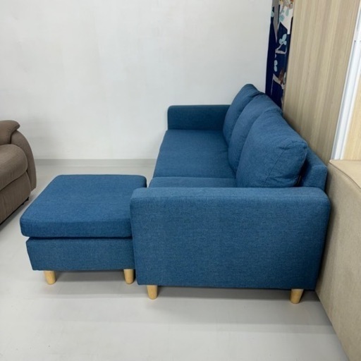 【超美品‼️】定価59,999円♪ WOCAOFAL 182cm幅2人掛けカウチソファ コンパクト3人掛け オットマン 布製ブルー♪