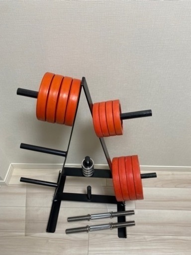 【最終値下げ！】ダンベル20kg (x2) & ベンチセット。プレートラック付き！