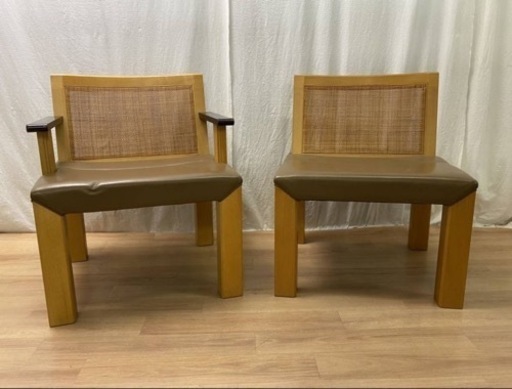 可愛いソファーチェア2客 籐網代と革張りのナチュラル系