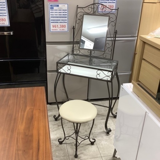 1面ドレッサー　アイアンフレーム　ガラス　チェアセット