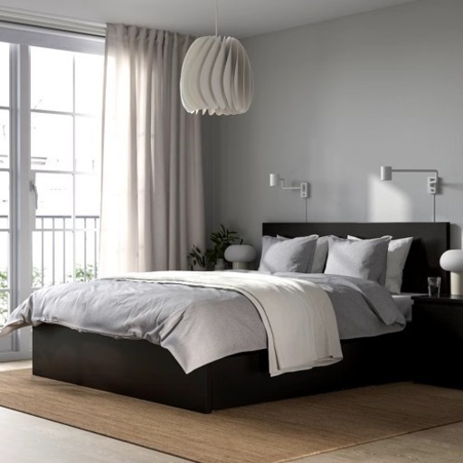 収納付き！　MALM マルム ベッドフレーム 収納ボックス2個付き, ブラック　160x200 cm すのこ付き 