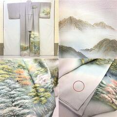 ss6096　着物　訪問着　ライトグレー系　山水画　風景　淡色　多色使い　青み　和装　和服　きもの　大人　落ち着いた　上品　春　婦人用　女性用の画像