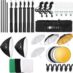 【商談中】LOMTAP プロな写真撮影照明キット 60cm八角形ソフトボックス 85W 5500K電球E26 背景スタンド プロ背景布（白、黒、緑）三脚 白いソフト/傘黒銀傘 スタジオ撮影機材/照明・撮影ライト/簡易スタジオ/撮影用小道具 ポートレート写真撮影用 キャリングバッグ付きの画像