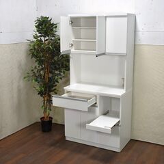 【4/28受渡完了】≪yt1170ジ≫ ニトリ キッチンボード RESUME/レジューム 90TF-H WH 白系 幅90cm 高さ190cm 食器棚/レンジボード 60203-02の画像