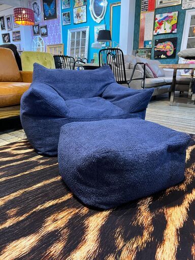 ■ミキインテリア■引取限定■アウトレット■展示品■引取限定■アウトレット■オットマン付き・ビーズクッション　ブルー系