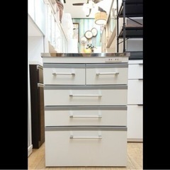 ステンレス天板 キッチンカウンター コンセント付 引き出し4段 レンジ台 ホワイト■横幅60cm×奥行42.5cm×高さ80㎝の画像