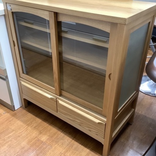 キャビネット　UNICO 2枚ガラス扉　アッシュ材　CLARUSナチュラル