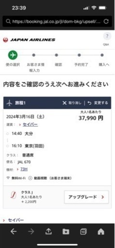 大分→東京/羽田　3月16日片道ペアチケット