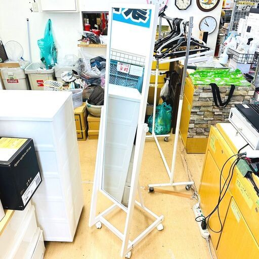 【引き取り限定・お買い得品】スタンドミラー 鏡 ホワイト キャスター 立て鏡