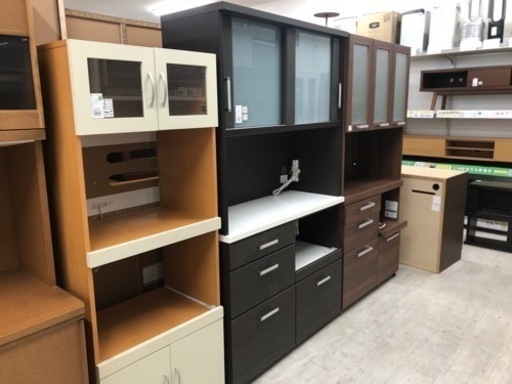 レンジボード ガラス扉付き ブラウン×ホワイト 132【トレファク堺福田店】