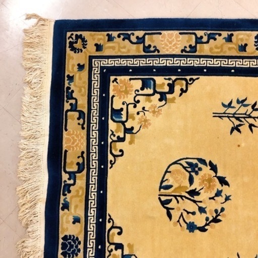 大判 中国絨毯 アンティーク ラグ カーペット 花柄 ベージュ×ネイビー