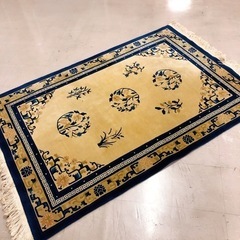 大判 中国絨毯 アンティーク ラグ カーペット 花柄 ベージュ×ネイビー