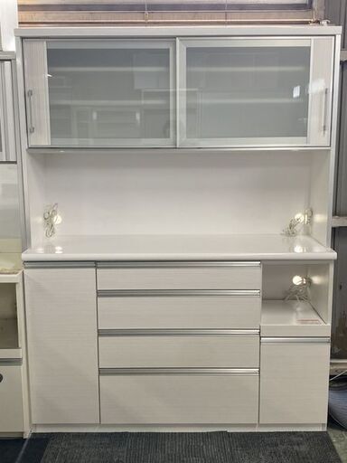 古賀家具/KOGA キッチンボード 幅150 モイス ソフトクローズ ハイグロス ホワイト スライドガラス 中古家具 店頭引取歓迎 R