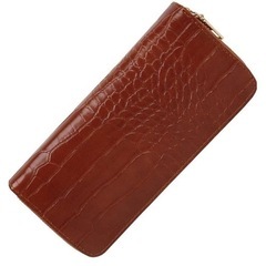 クロコダイル型押し長財布 ラウンドファスナー ブラウン 多機能 ...