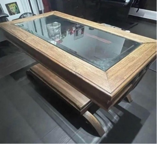 木製ガラステーブル アンティーク　重厚感　オーダー品　リビング 木製ガラステーブル アンティーク 重厚感 オーダー品 リビング