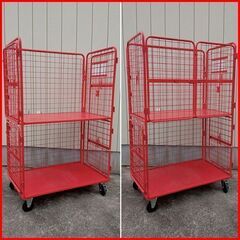② 美品 日本郵政で使用していたかご台車/ロールボックス4台セットです オールスチール製 頑丈さ抜群 2輪自在2輪固定ストッパー付/中間棚/観音扉仕様) 外寸（約):W1250×D750×H2000(mm) 手渡し希望/自社配送可能（配送エリアについてお問い合わせください）の画像