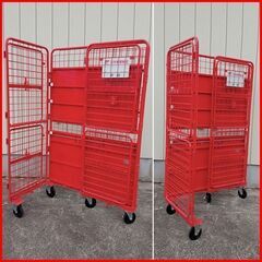 ② 美品 日本郵政で使用していたかご台車/ロールボックス4台セットです オールスチール製 頑丈さ抜群 2輪自在2輪固定ストッパー付/中間棚/観音扉仕様) 外寸（約):W1250×D750×H2000(mm) 手渡し希望/自社配送可能（配送エリアについてお問い合わせください）の画像