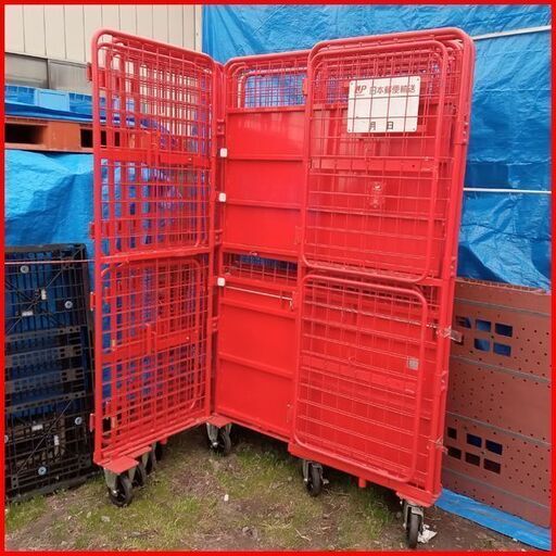 ② 美品 日本郵政で使用していたかご台車/ロールボックス4台セットです オールスチール製 頑丈さ抜群 2輪自在2輪固定ストッパー付/中