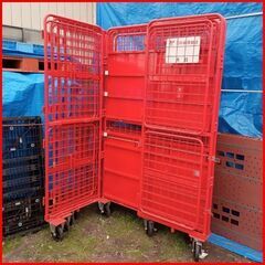 ② 美品 日本郵政で使用していたかご台車/ロールボックス4台セットです オールスチール製 頑丈さ抜群 2輪自在2輪固定ストッパー付/中間棚/観音扉仕様) 外寸（約):W1250×D750×H2000(mm) 手渡し希望/自社配送可能（配送エリアについてお問い合わせください）の画像