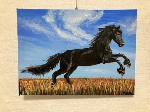 絵画　直筆　開運『飛躍左馬』アクリル絵画　原画　左馬　風水　縁起物