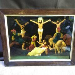 キリスト　ジェームズ・ベイトマン 作品　直筆肉筆　十字架刑　古いガラス絵　額装品 キリスト ジェームズ・ベイトマン 作品 直筆肉筆 十字架刑 古い