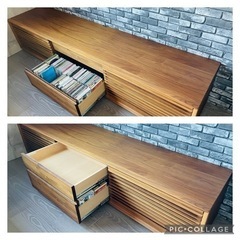 【お譲り先決定しました】カリモク大型TVボード【美品】ガラス付き横格子スライド扉＆引出し2段の画像