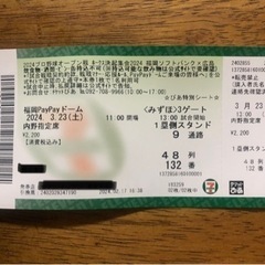 3/23（土）ソフトバンクホークス対広島東洋カープ内野指定席1枚のみ