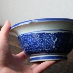 見込みに麒麟◆オリエンタルな雰囲気。伊万里　ベロ藍印判深鉢　骨董・antiques 碗　明治期の画像