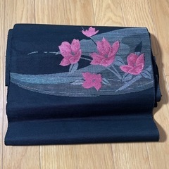 袋帯 帯 着物 振袖 浴衣 和装　紺　刺繍花　アンティーク　ピンク