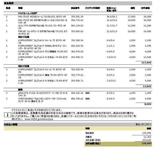 【新品・IKEA】 高級ガラス扉仕様PAX/AULI・ワードローブ　LED付（システム収納クローゼット）＜171000円相当・送料及び