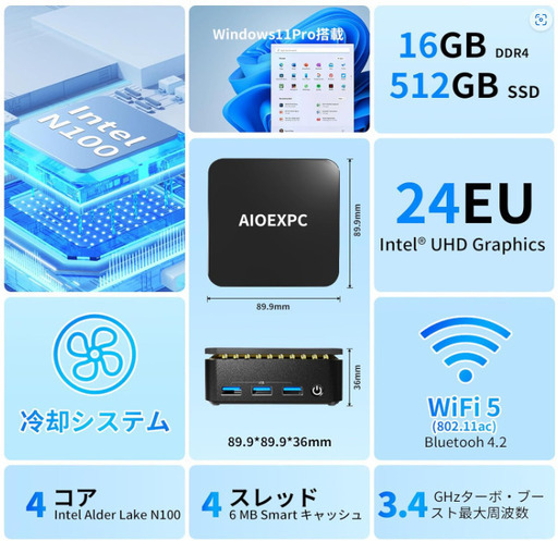 【新品】値下げ済。ミニPC 第12世代 N100 4コア/4スレッド DDR4(16GB)  SSD(512GB)