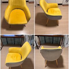 Altrobene アルトベーネ　ダイニングチェア 肘付き アームチェア ゴールド脚付き ベルベット メイクアップチェア ホーム オフィス オフイスチェア デスクチェア コンピュータチェア　イエロー　グレーの画像