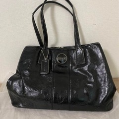 本物 COACH 本革 レザーがま口 トートバックレディースブラック柄