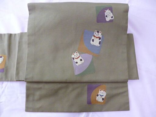 ★切らずに出来る作り帯★名古屋帯★可愛いねこ柄★草木染★