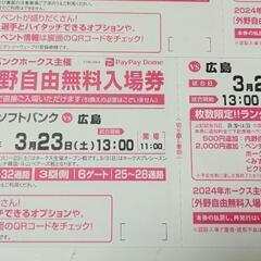 3/23（土） ホークス対広島戦 福岡paypayドーム外野自由...