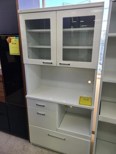 J4477　サンウッディ　食器棚　ペレット85OPWH　モイス付　ホワイト　クリーニング済　【リユースのサカイ柏店】