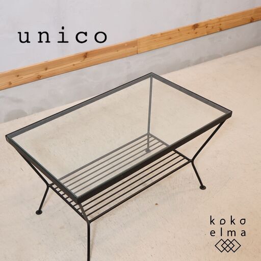 unico(ウニコ)の人気シリーズEDDY(エディー)リビングテーブルです。透明感のあるガラスとアイアンがレトロな印象の可愛らしいセンターテーブル。北欧スタイルやカフェスタイルにおススメです♪